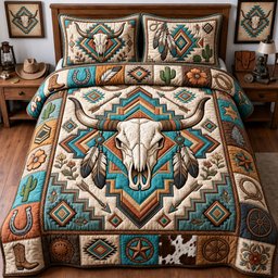 Western Bull Skull 3 Piece Quilted Bedding Set Gift For Western Lovers