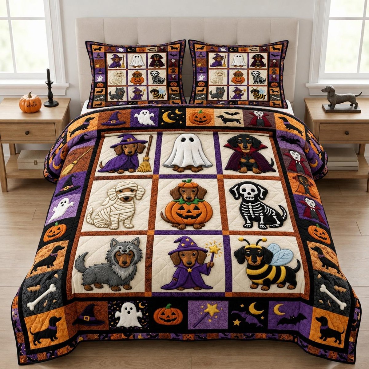 Dachshund Dog 3 Piece Quilted Bedding Set Halloween Gift For Dog Lovers