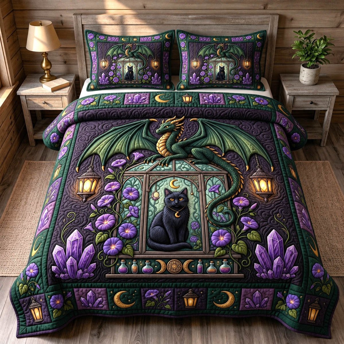 Black Cat 3 Piece Quilted Bedding Set Gift For Cat Lovers
