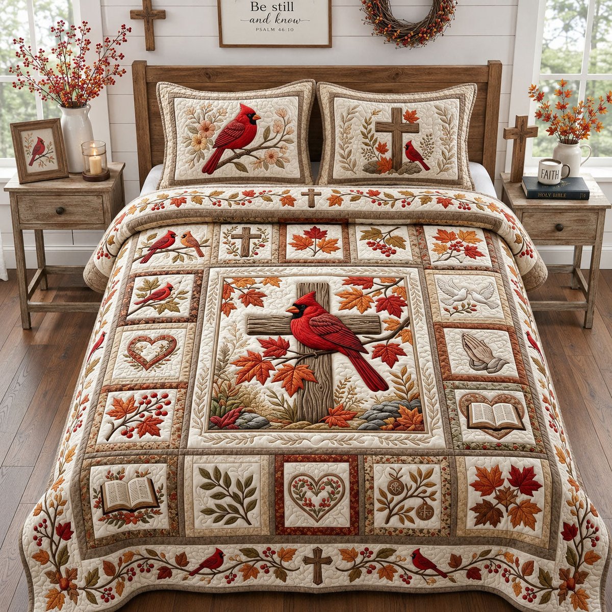 Fall Cardinal 3 Piece Quilted Bedding Set Gift For Bird Lovers