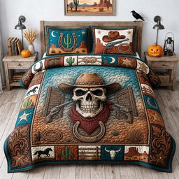 Western Outlaw Skull 3 Piece Quilted Bedding Set Gift For Western Lovers