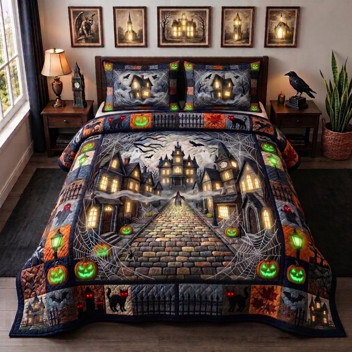 Pumpkin Hollow 3 Piece Quilted Bedding Set Halloween Gift For Gothic Decor Lovers