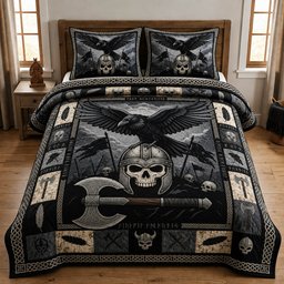 Raven Viking Skull 3 Piece Quilted Bedding Set Gift For Gothic Decor Lovers