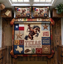 Texas Lone Star State Cowboy 3 Piece Quilted Bedding Set Gift For Western Lovers