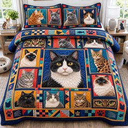 Cat Portrait 3 Piece Quilted Bedding Set Gift For Cat Lovers