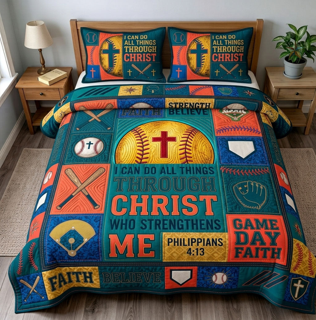 I Can Do All Things Through Christ Baseball 3 Piece Quilted Bedding Set Gift For Sports Fans