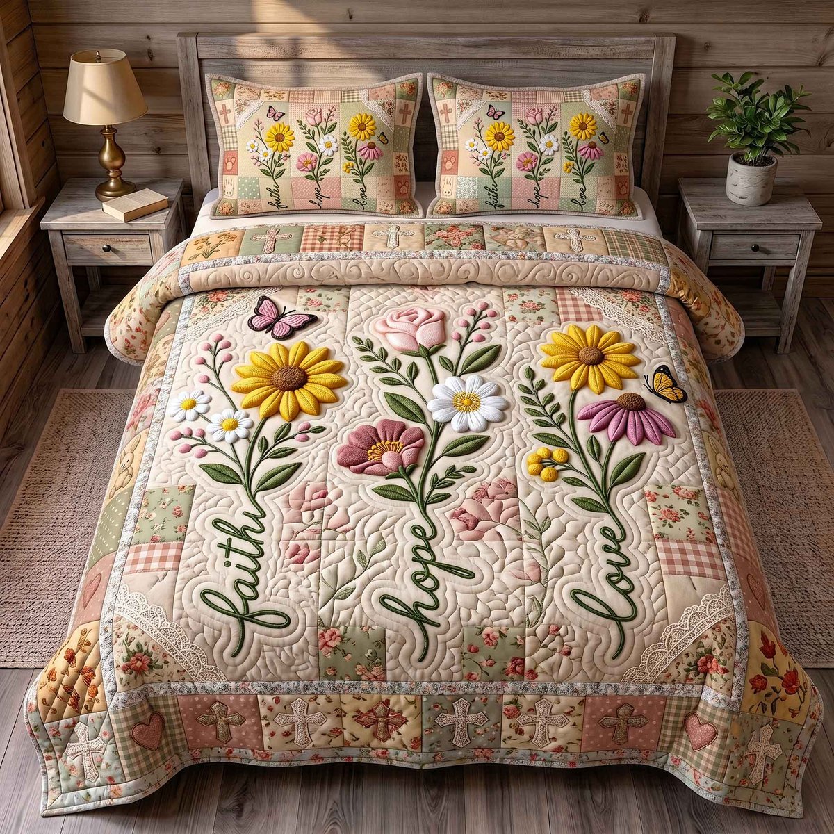 Faith Hope Love Christian 3 Piece Quilted Bedding Set Gift For Christians