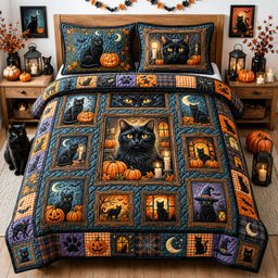 Black Cat 3 Piece Quilted Bedding Set Halloween Gift For Cat Lovers