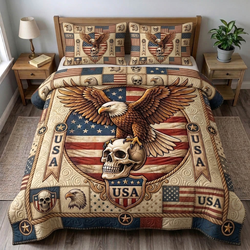 Patriotic Skull 3 Piece Quilted Bedding Set Gift For Gothic Decor Lovers