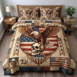 Patriotic Skull 3 Piece Quilted Bedding Set Gift For Gothic Decor Lovers