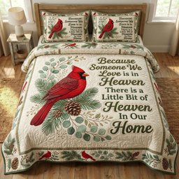 Red Cardinal 3 Piece Quilted Bedding Set Gift For Bird Lovers