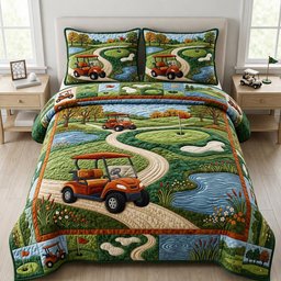 Golf Course 3 Piece Quilted Bedding Set Gift For Sports Fans
