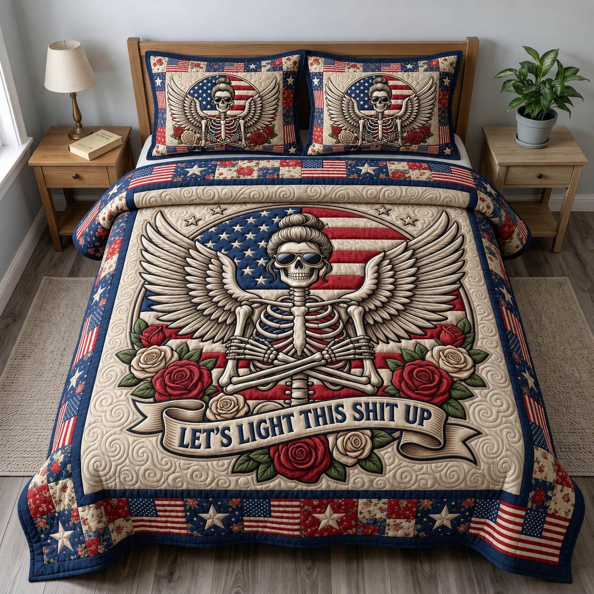 Patriotic Skull 3 Piece Quilted Bedding Set Gift For Gothic Decor Lovers