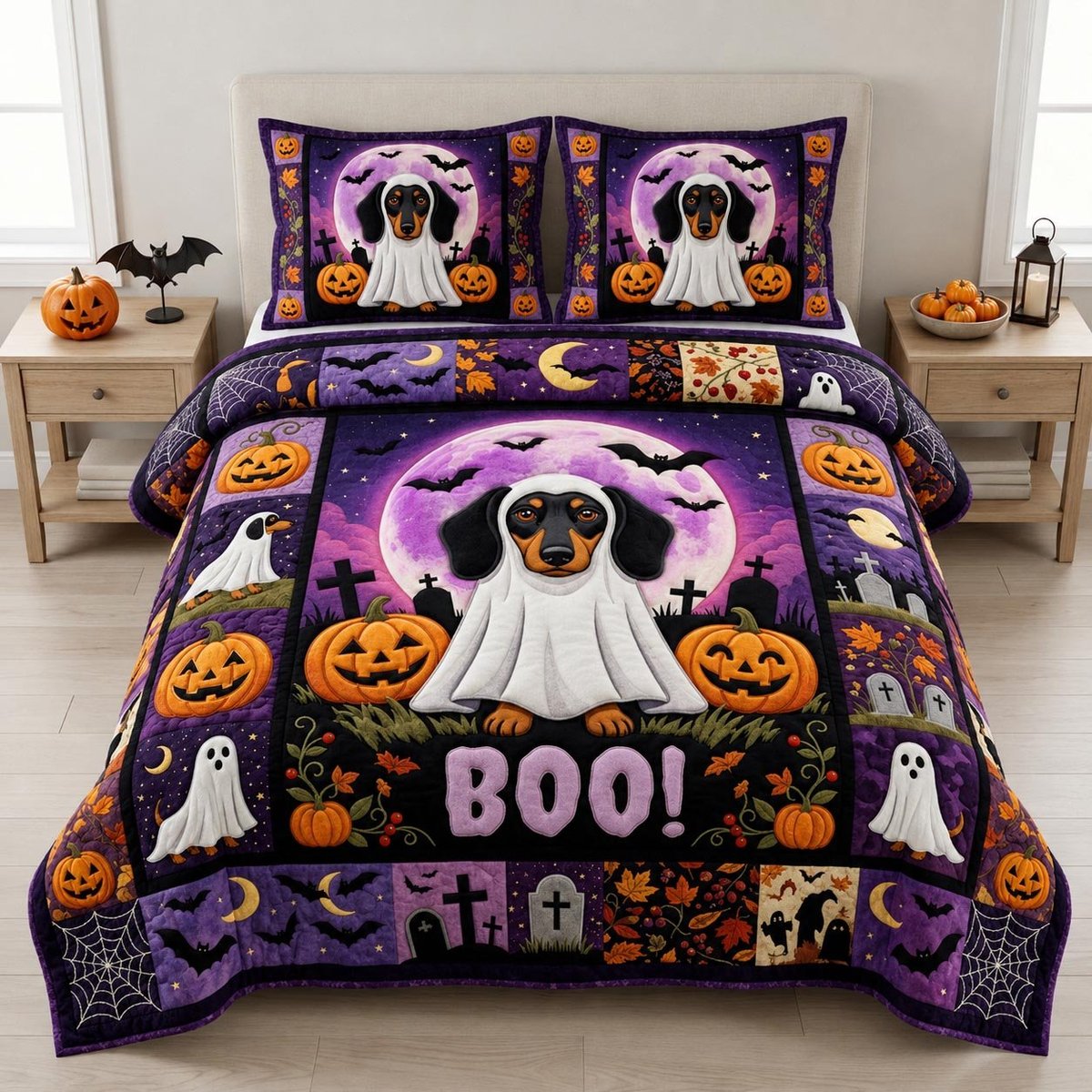 Dachshund Dog 3 Piece Quilted Bedding Set Halloween Gift For Dog Lovers