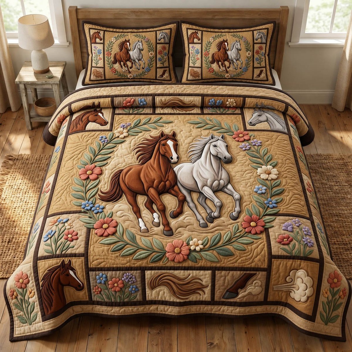 Prairie Horse 3 Piece Quilted Bedding Set Gift For Horse Lovers