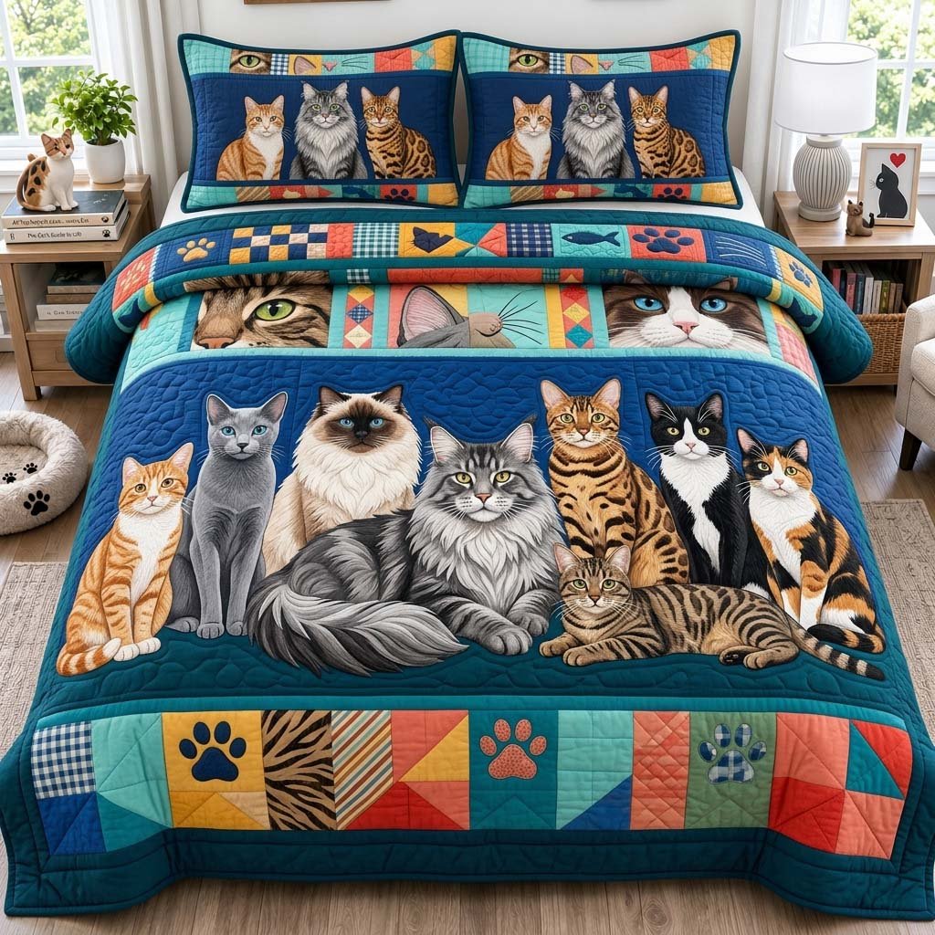 Cat Family 3 Piece Quilted Bedding Set Gift For Cat Lovers