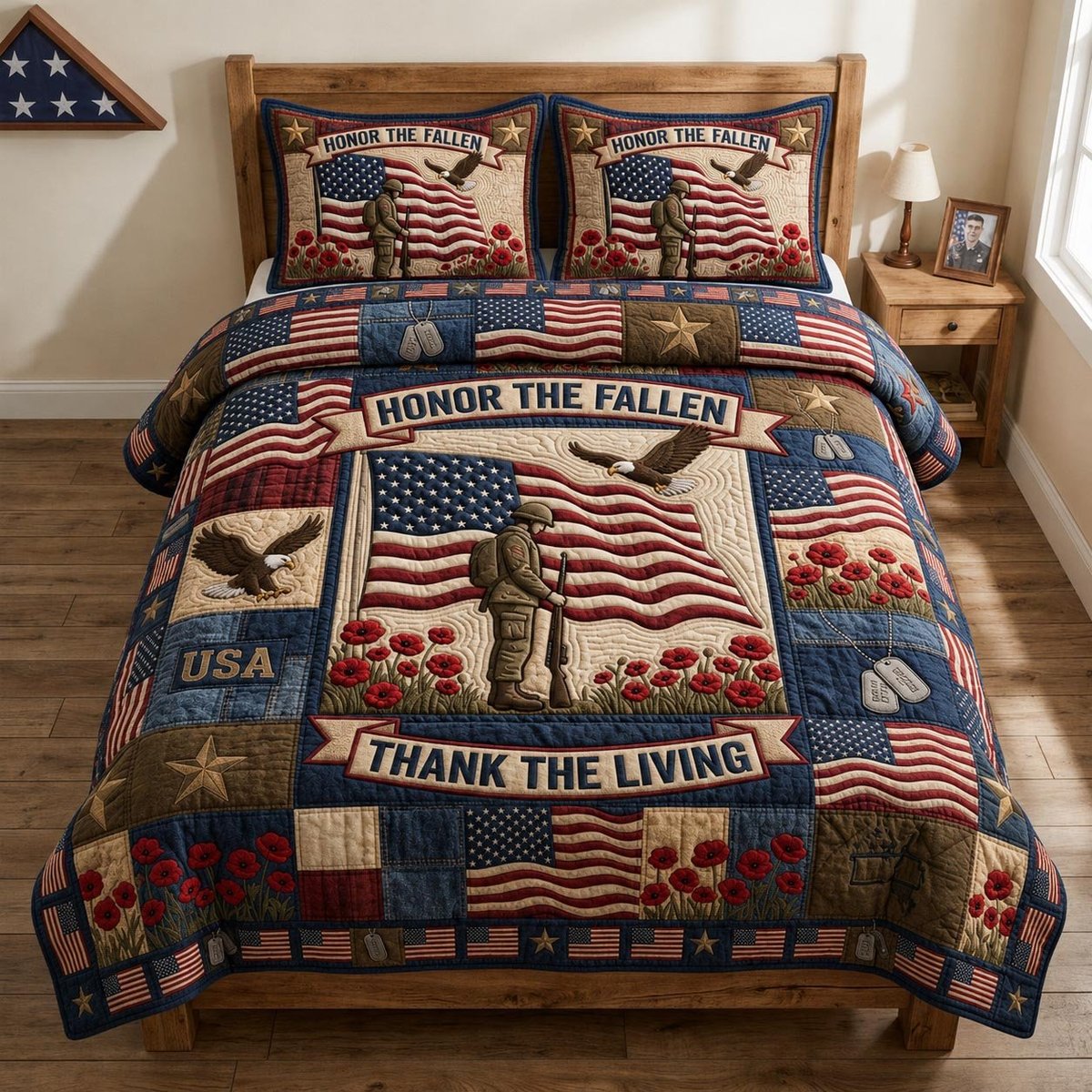 Patriotic Veteran 3 Piece Quilted Bedding Set Gift For Veterans