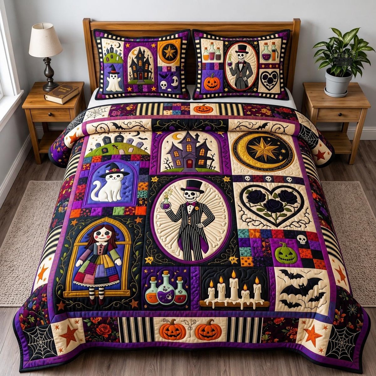 Gallery 3 Piece Quilted Bedding Set Halloween Gift For Gothic Decor Lovers