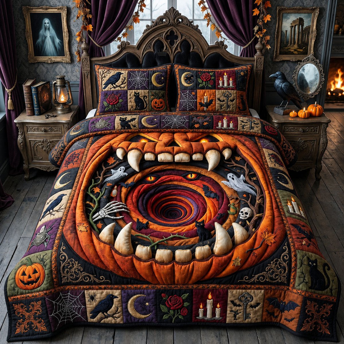 Pumpkin Inferno Cat 3 Piece Quilted Bedding Set Gift For Cat Lovers