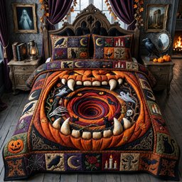 Pumpkin Inferno Cat 3 Piece Quilted Bedding Set Gift For Cat Lovers