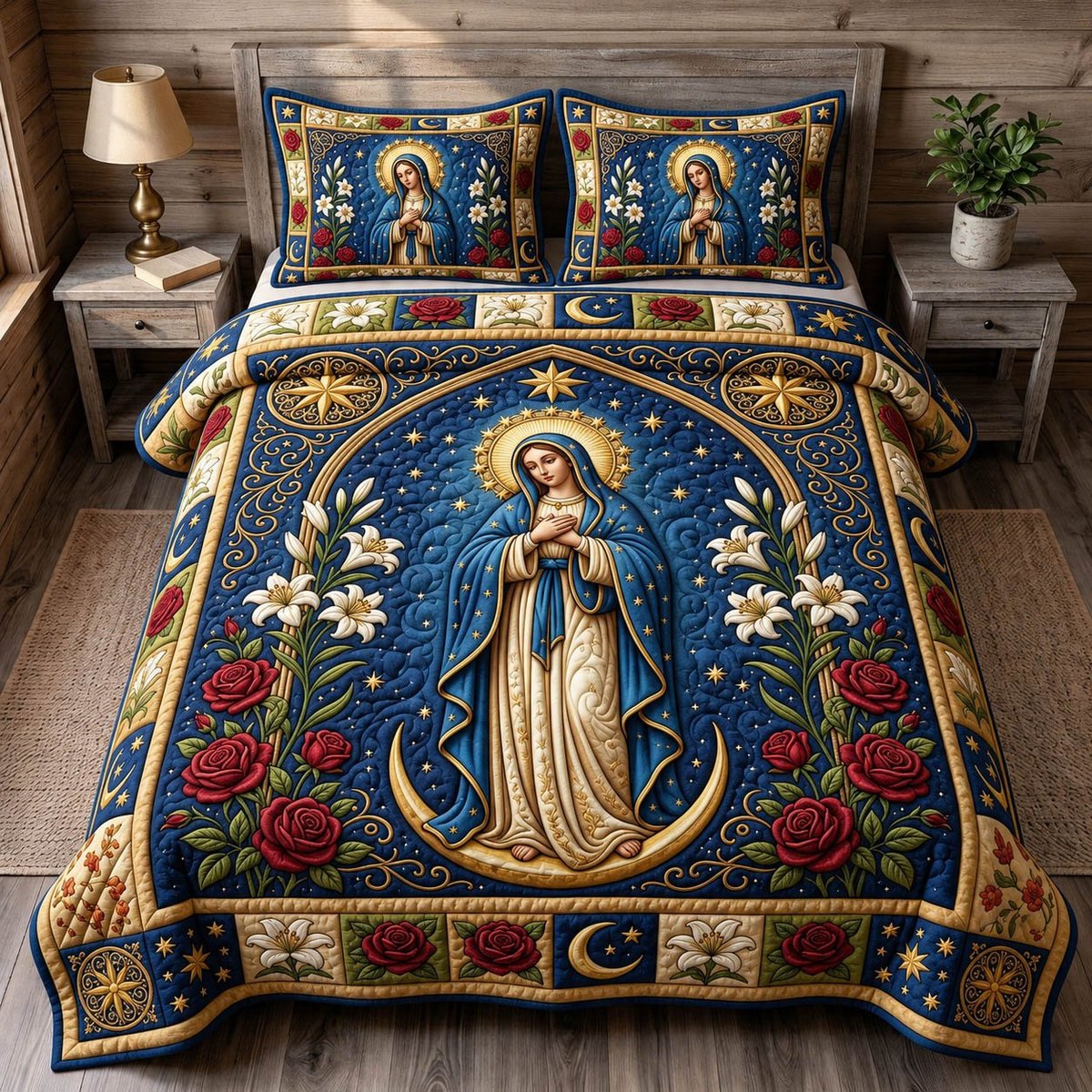 Mother Mary Christian 3 Piece Quilted Bedding Set Gift For Christians