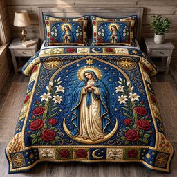 Mother Mary Christian 3 Piece Quilted Bedding Set Gift For Christians