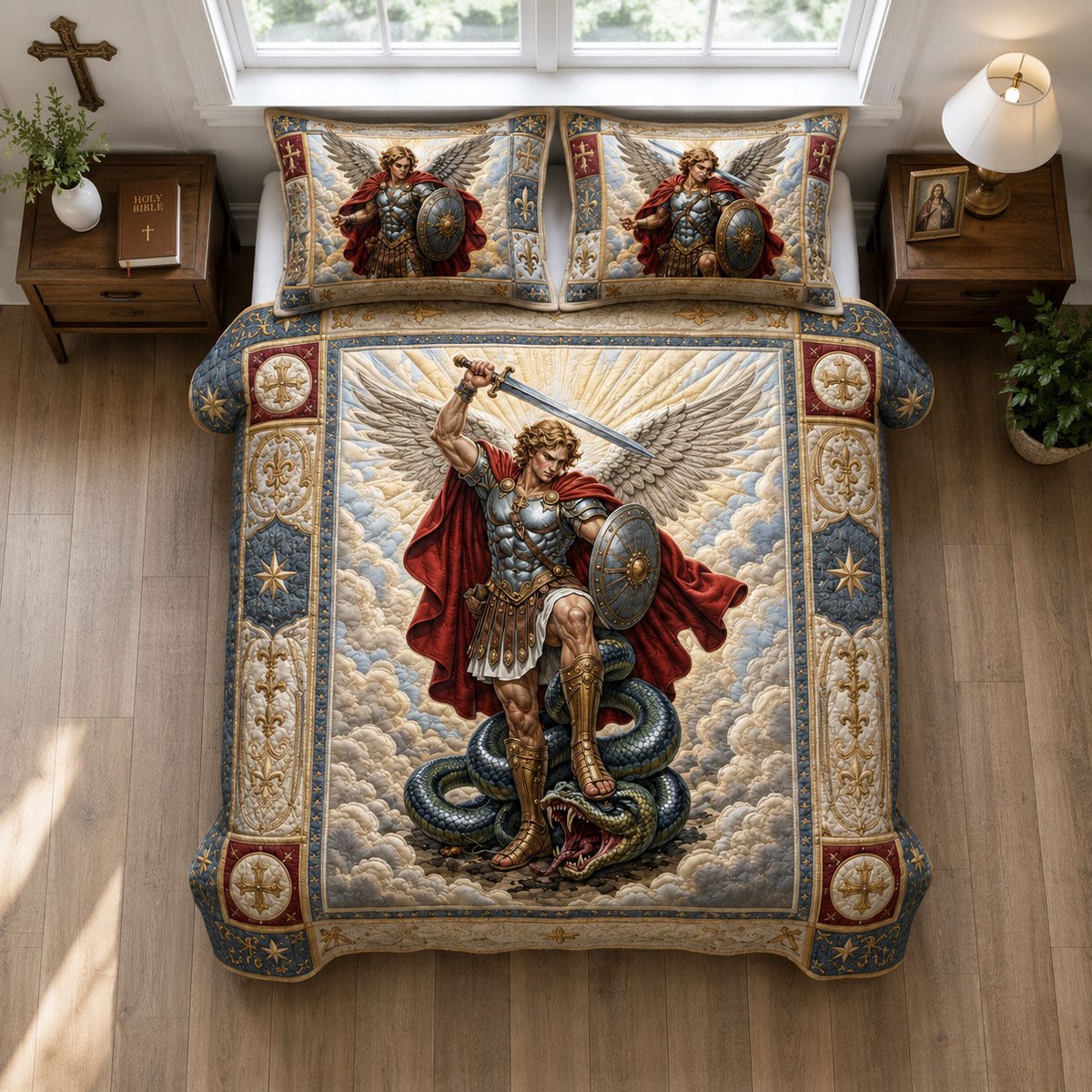 Saint Michael Defeats the Serpent 3 Piece Quilted Bedding Set Gift For Home Decor Lovers