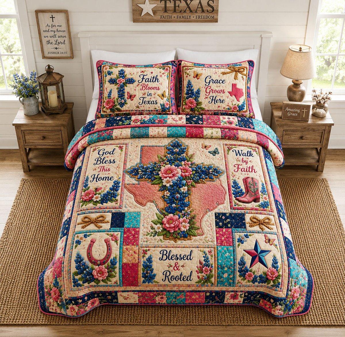 Faith Blooms in Texas Patchwork 3 Piece Quilted Bedding Set Gift For Western Lovers