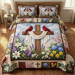 Cardinal Christian 3 Piece Quilted Bedding Set Gift For Bird Lovers