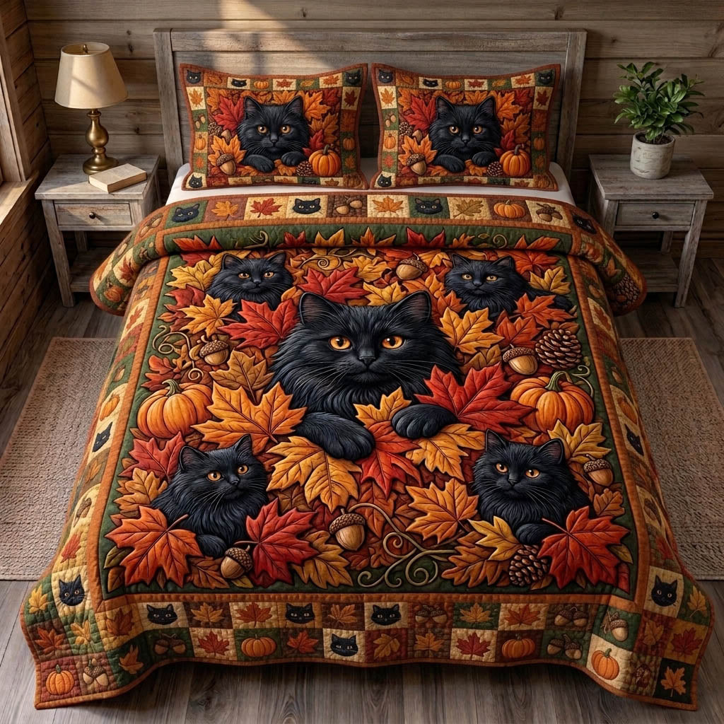 Black Cat 3 Piece Quilted Bedding Set Gift For Cat Lovers