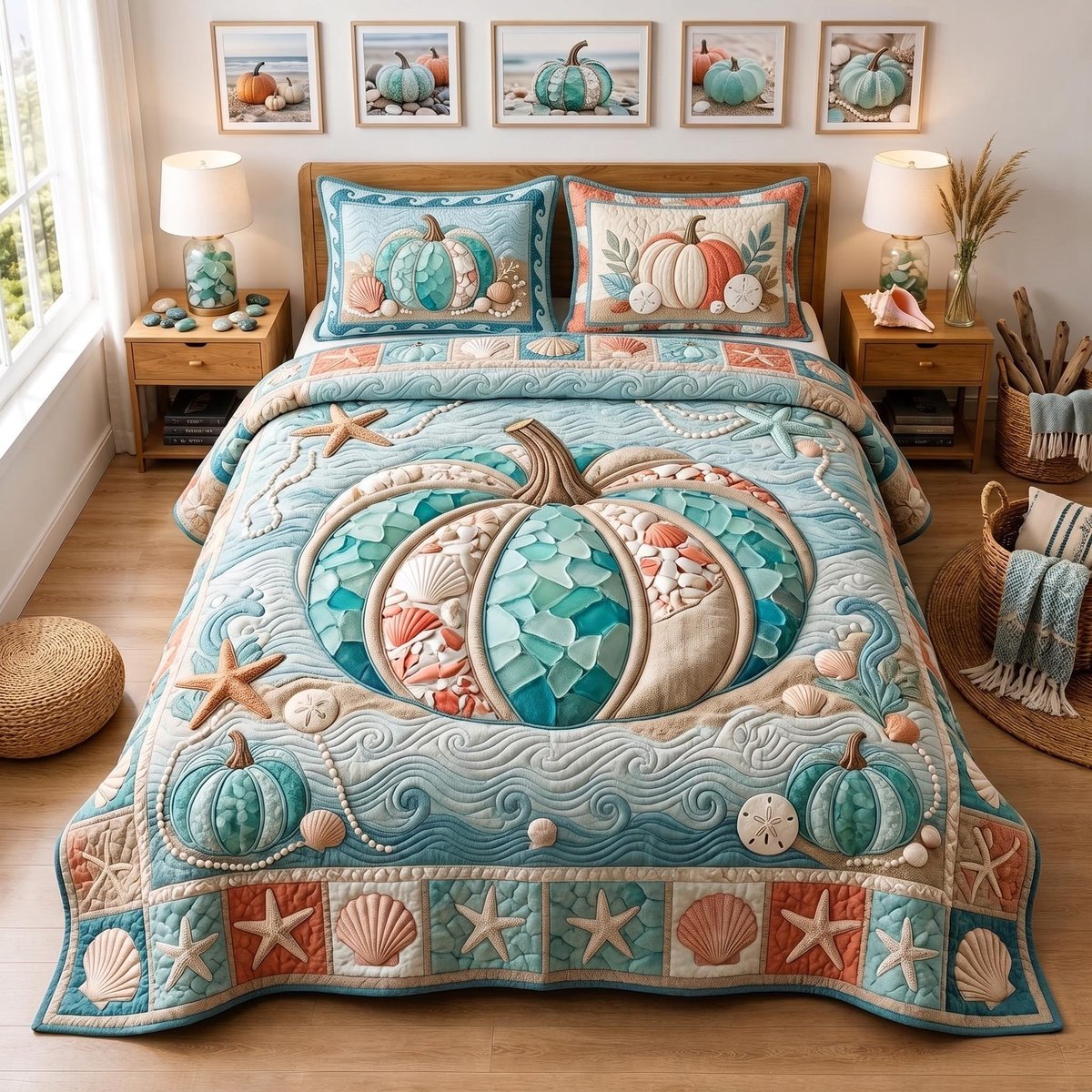 Coastal Pumpkin 3 Piece Quilted Bedding Set Gift For Beach Lovers