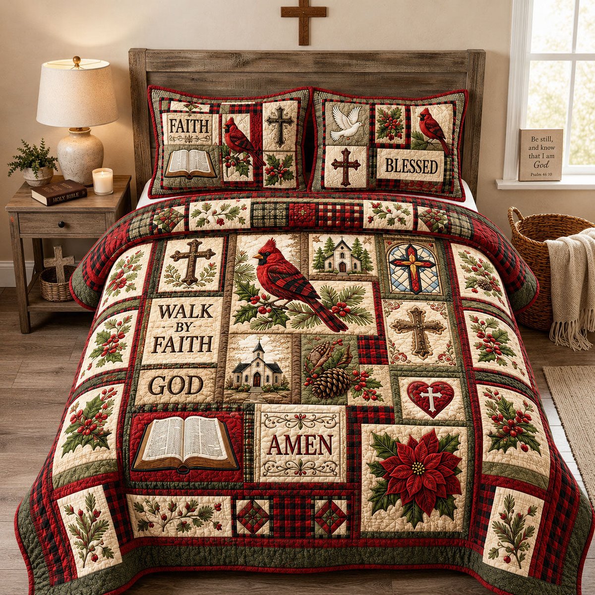 Walk by Faith Cardinals Heritage 3 Piece Quilted Bedding Set Gift For Christians