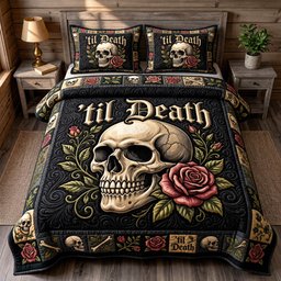 Haunted Skeleton 3 Piece Quilted Bedding Set Halloween Gift For Gothic Decor Lovers