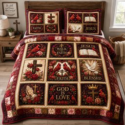 God Is Love Cardinals Rose Garden 3 Piece Quilted Bedding Set Gift For Christians