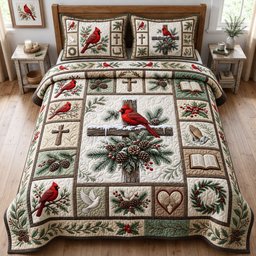 Winter Cardinal Cross 3 Piece Quilted Bedding Set Gift For Bird Lovers