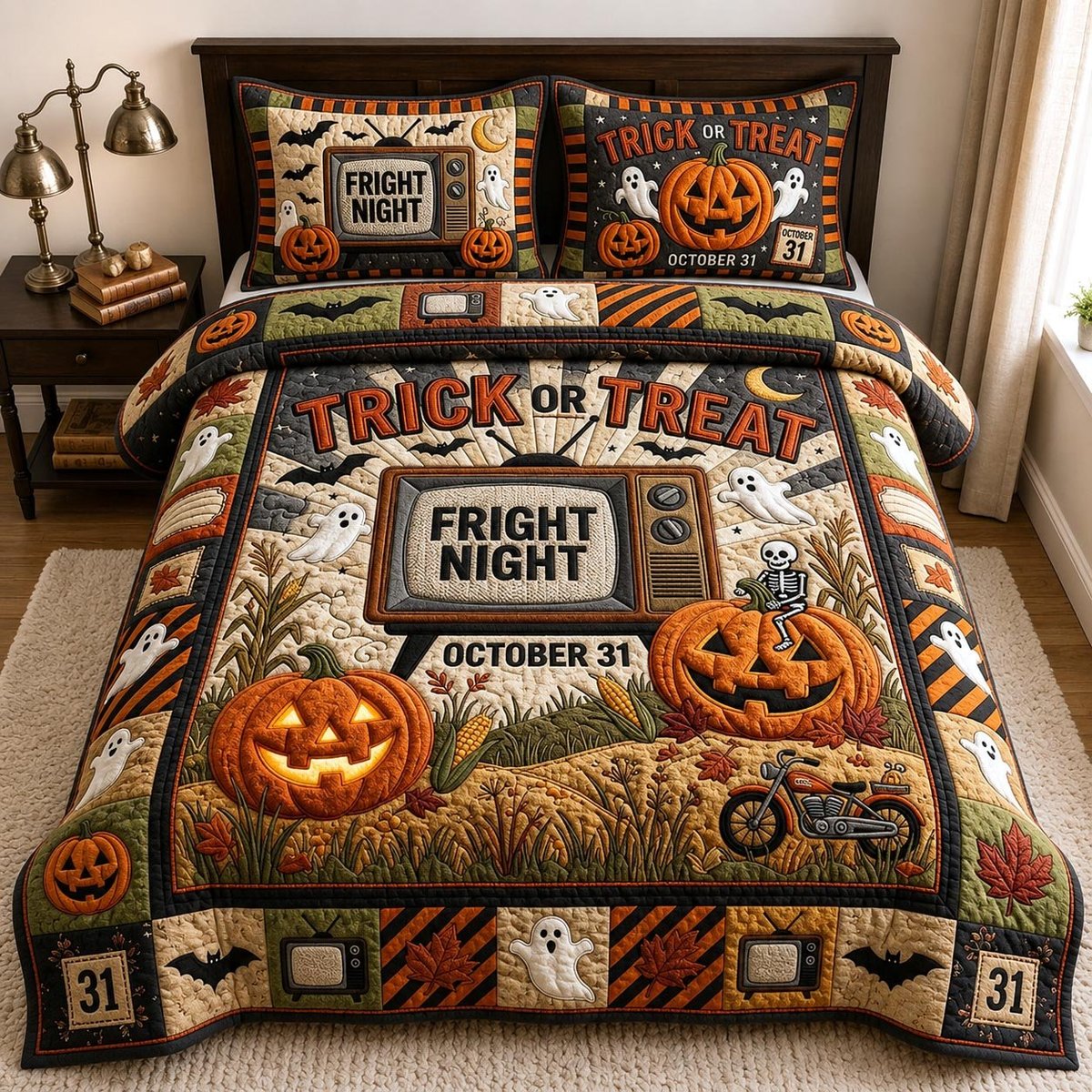 Trick Treat 3 Piece Quilted Bedding Set Gift For Gothic Decor Lovers
