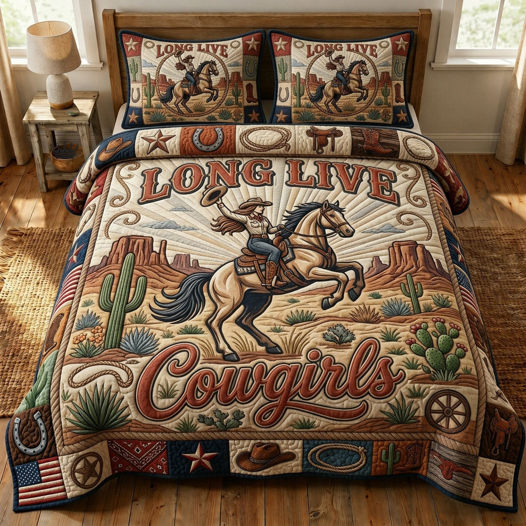 Cowgirl Riding Horse 3 Piece Quilted Bedding Set Gift For Horse Lovers