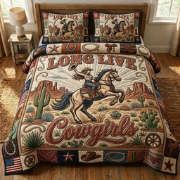 Cowgirl Riding Horse 3 Piece Quilted Bedding Set Gift For Horse Lovers