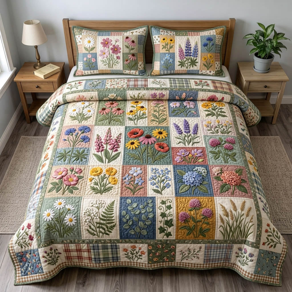 Floral Patchwork 3 Piece Quilted Bedding Set Gift For Flower Lovers