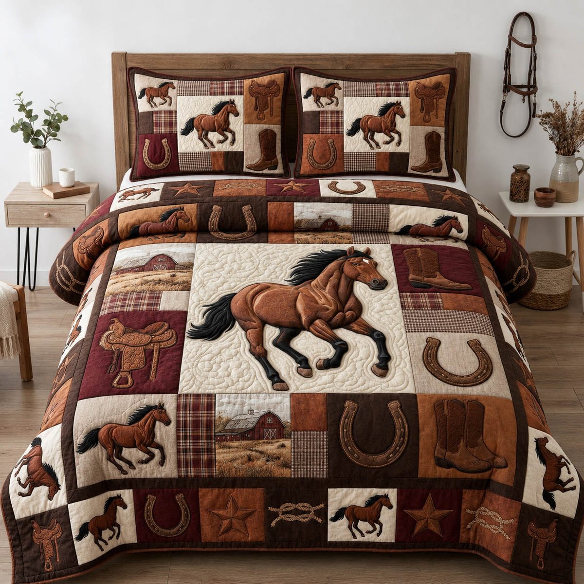 Western Horse 3 Piece Quilted Bedding Set Gift For Horse Lovers
