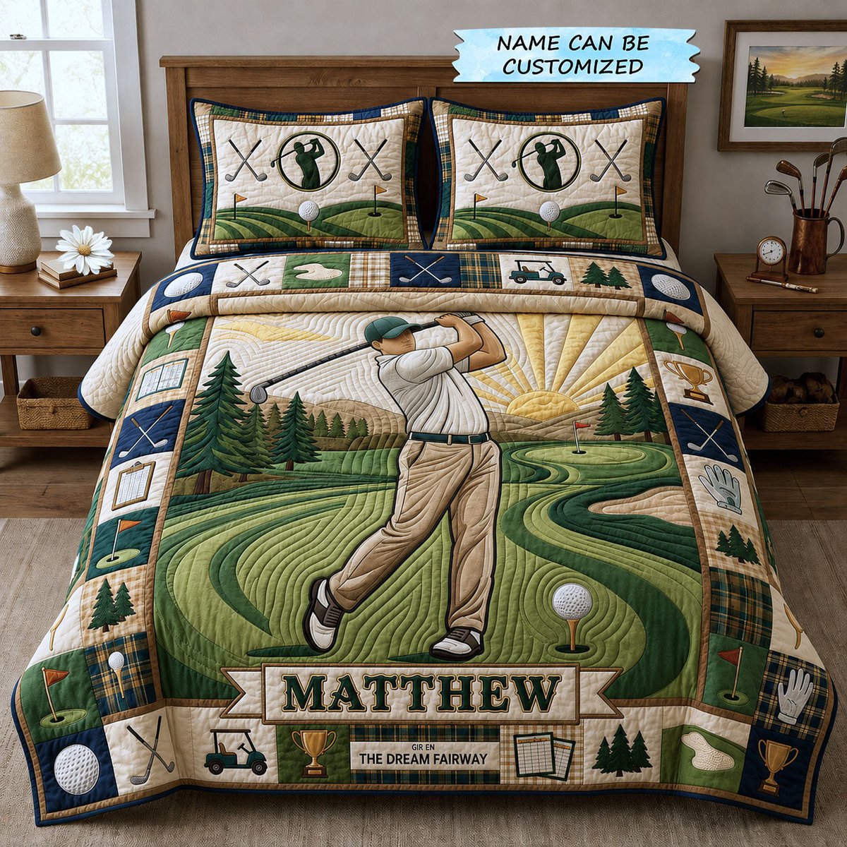 Swing Life 3 Piece Quilted Bedding Set Gift For Sports Fans