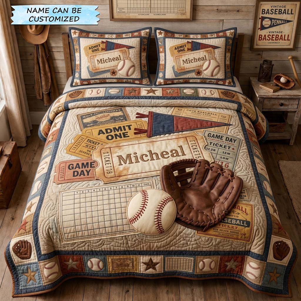 Vintage Ticket Collage 3 Piece Quilted Bedding Set Gift For Sports Fans