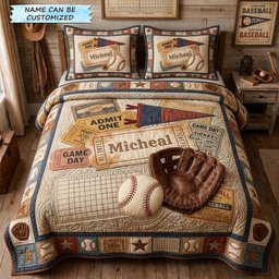 Vintage Ticket Collage 3 Piece Quilted Bedding Set Gift For Sports Fans