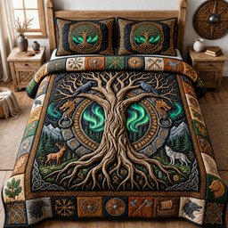 Norse World Tree Bear 3 Piece Quilted Bedding Set Gift For Wolf Lovers