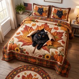 Autumn Cat 3 Piece Quilted Bedding Set Gift For Cat Lovers