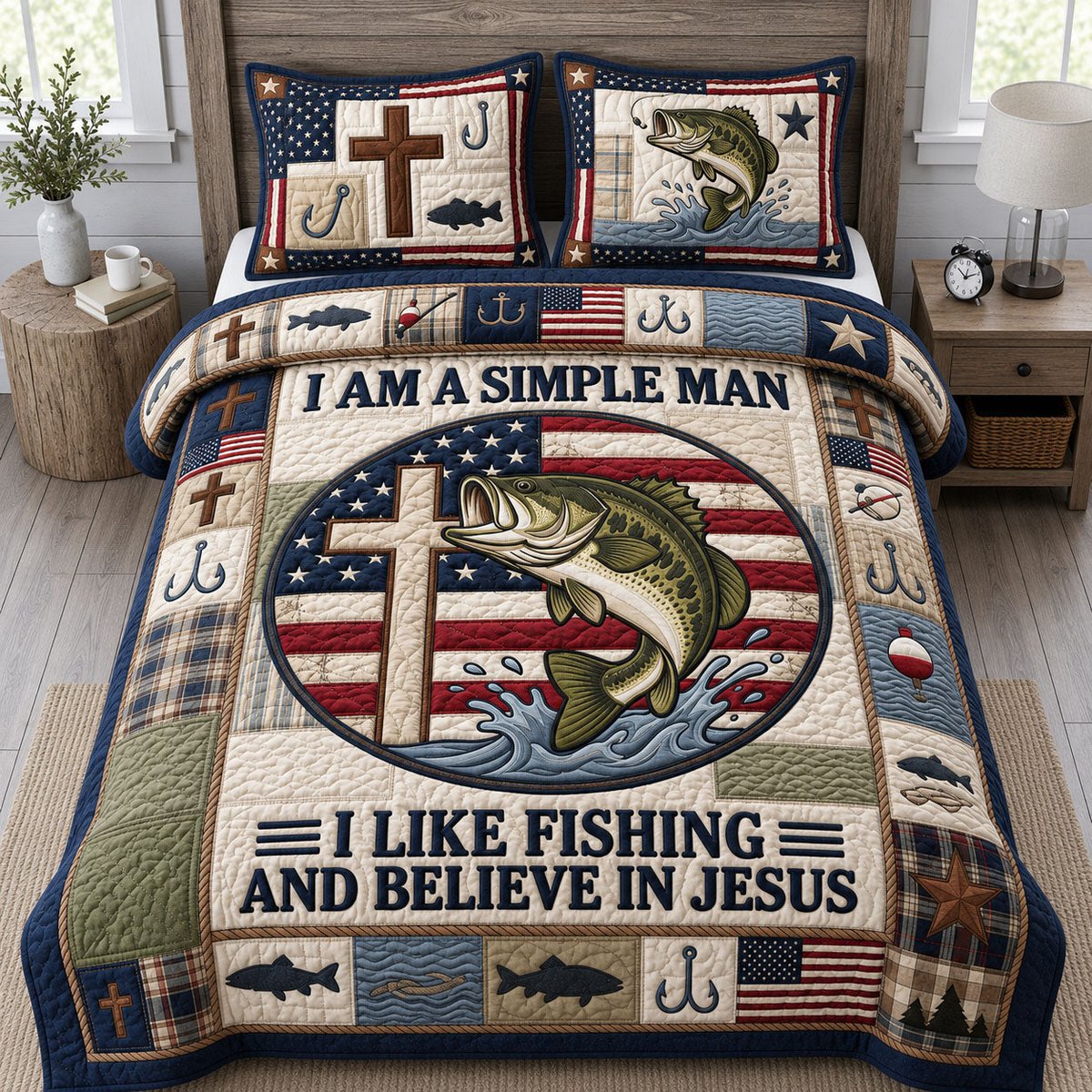 Fishing and Jesus 3 Piece Quilted Bedding Set Gift For Fishing Lovers
