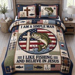 Fishing and Jesus 3 Piece Quilted Bedding Set Gift For Fishing Lovers
