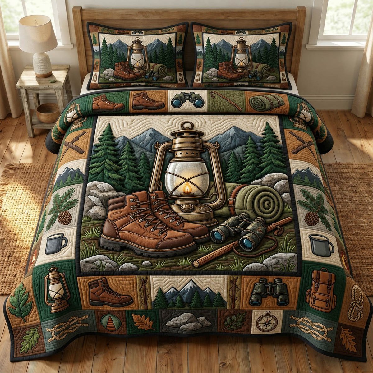 Camping Life 3 Piece Quilted Bedding Set Gift For Campers