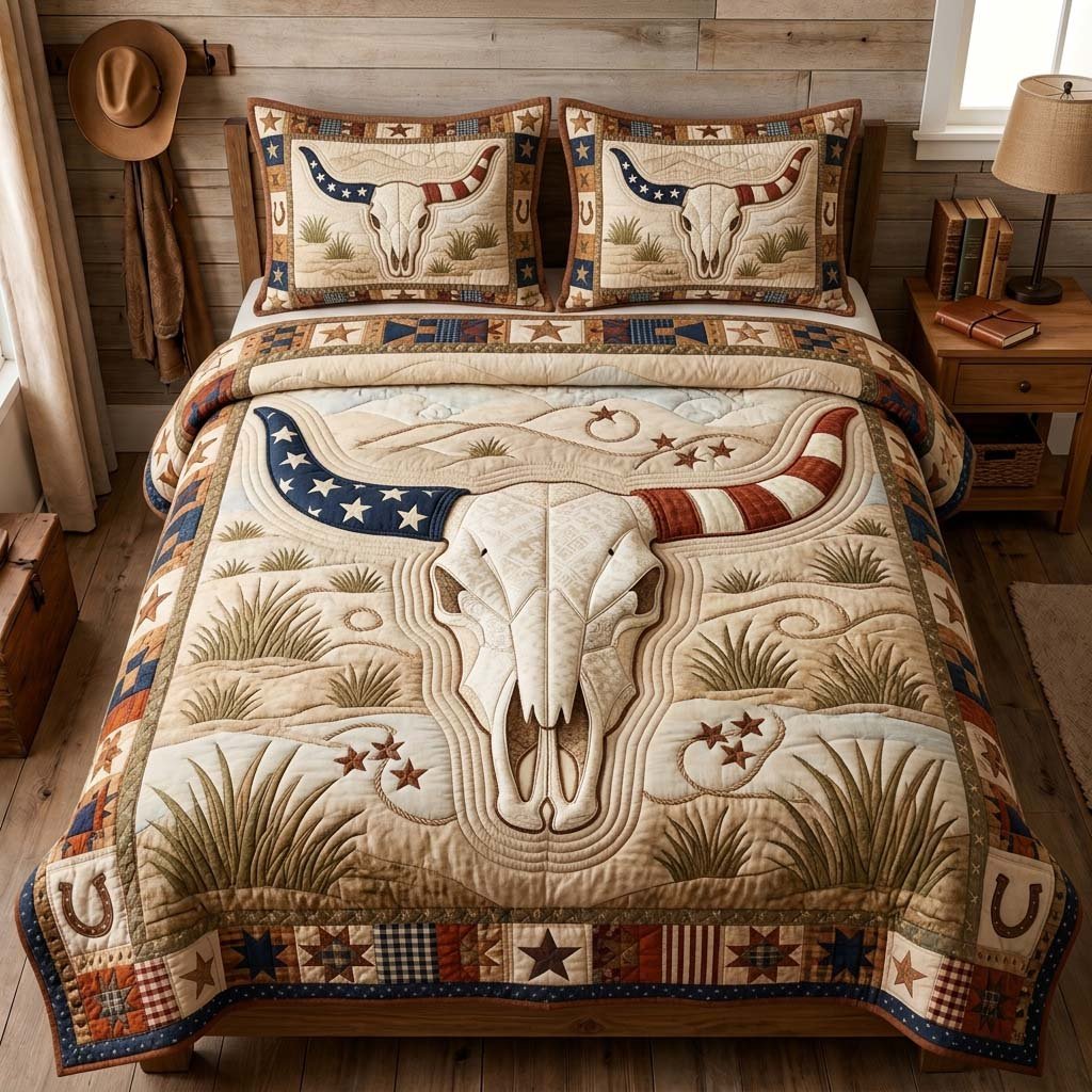 Patriotic Longhorn Cow 3 Piece Quilted Bedding Set Gift For Western Lovers