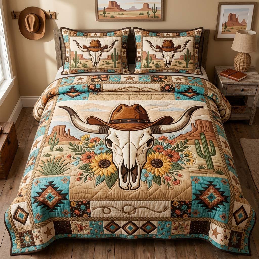 Cowboy Desert Skull 3 Piece Quilted Bedding Set Gift For Western Lovers